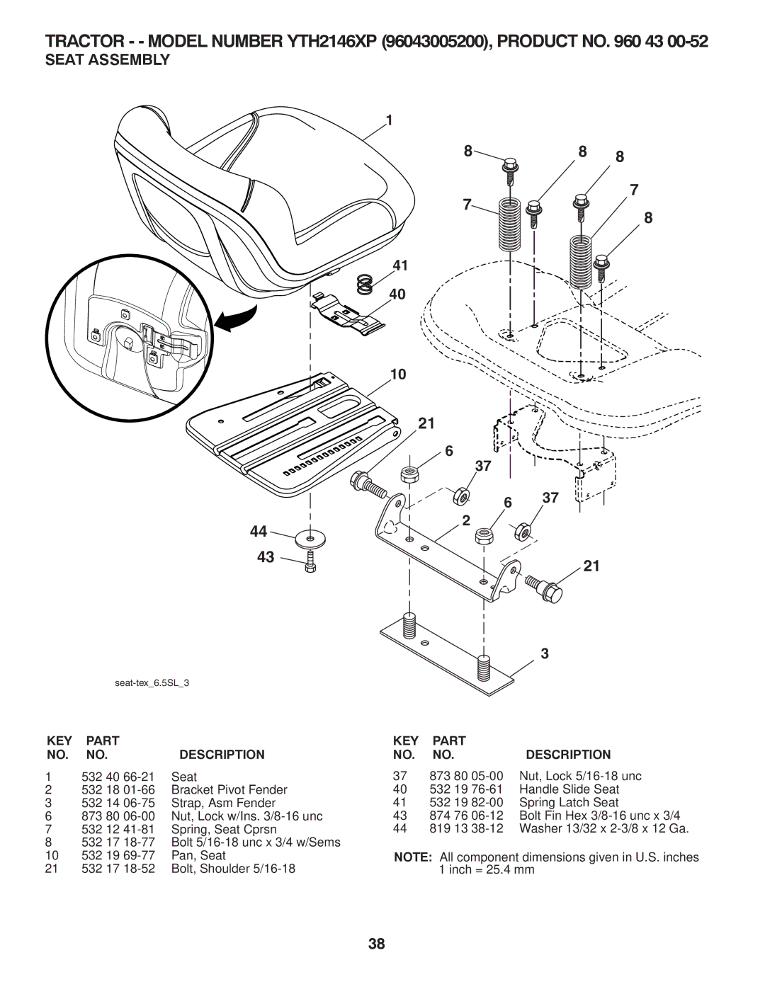 Husqvarna 96043005200 manual Seat Assembly, 532 40 Seat 