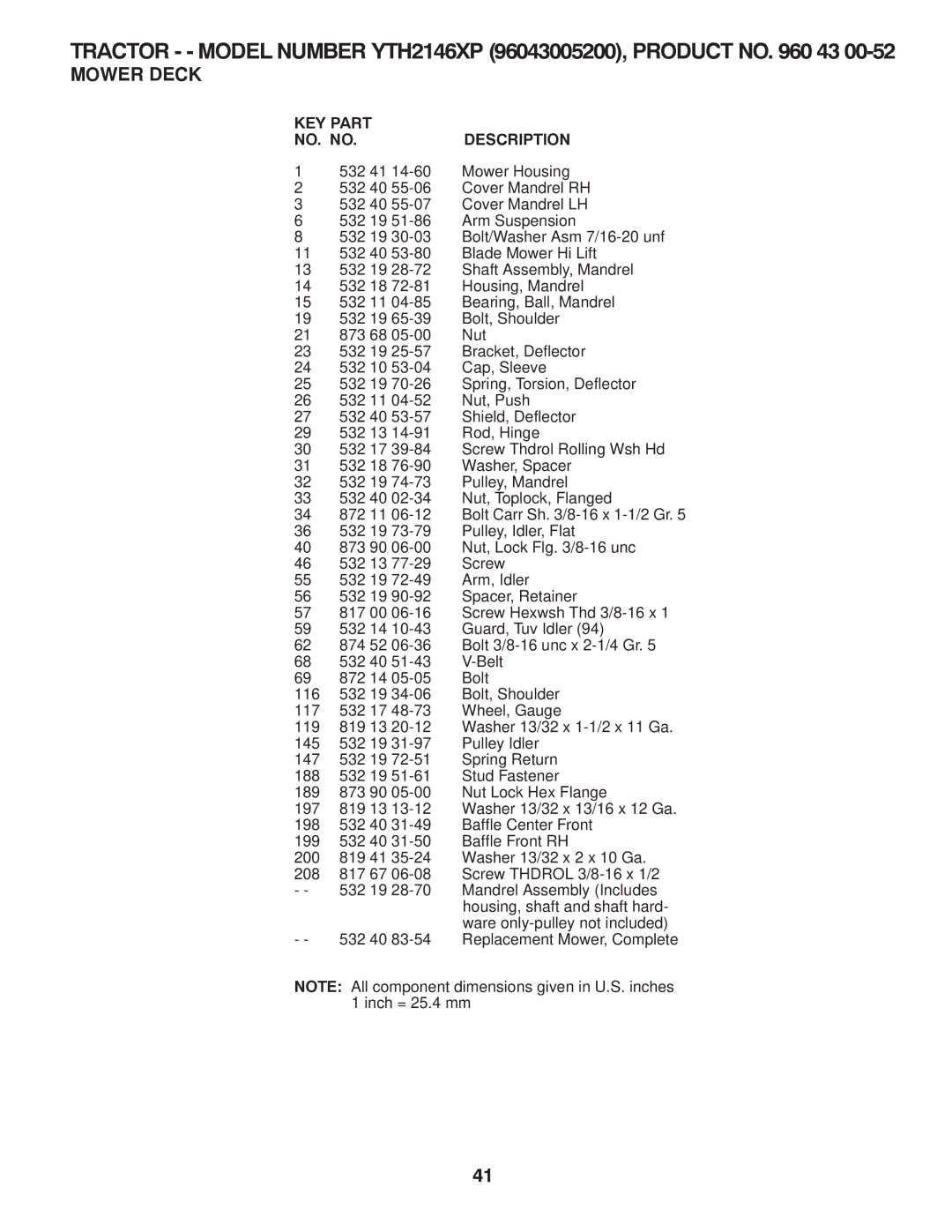 Husqvarna 96043005200 manual KEY Part NO. no Description 