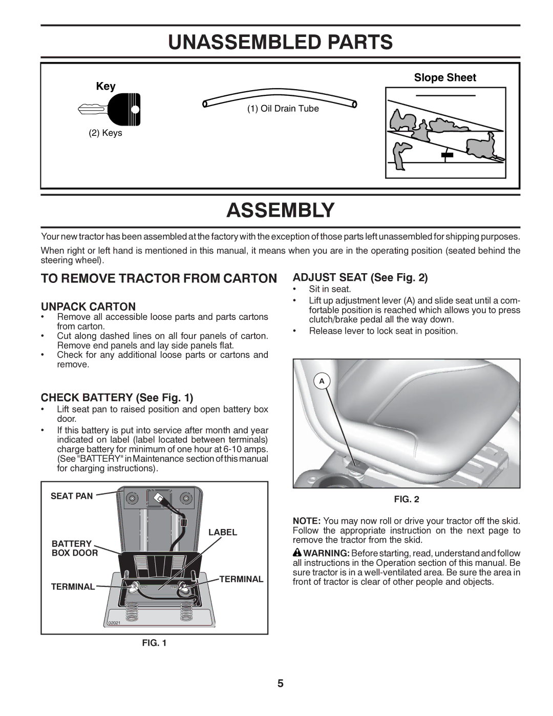 Husqvarna 96043005200 manual Unassembled Parts, Assembly, To Remove Tractor from Carton, Unpack Carton 