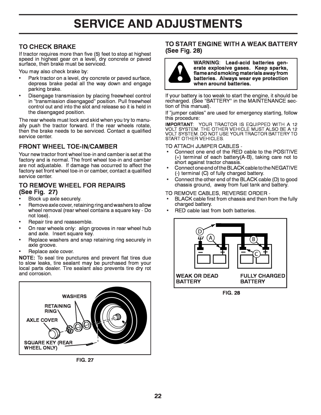 Husqvarna 96043005200 manual To Check Brake, Front Wheel Toe-In/Camber, TO REMOVE WHEEL FOR REPAIRS See Fig, Weak Or Dead 
