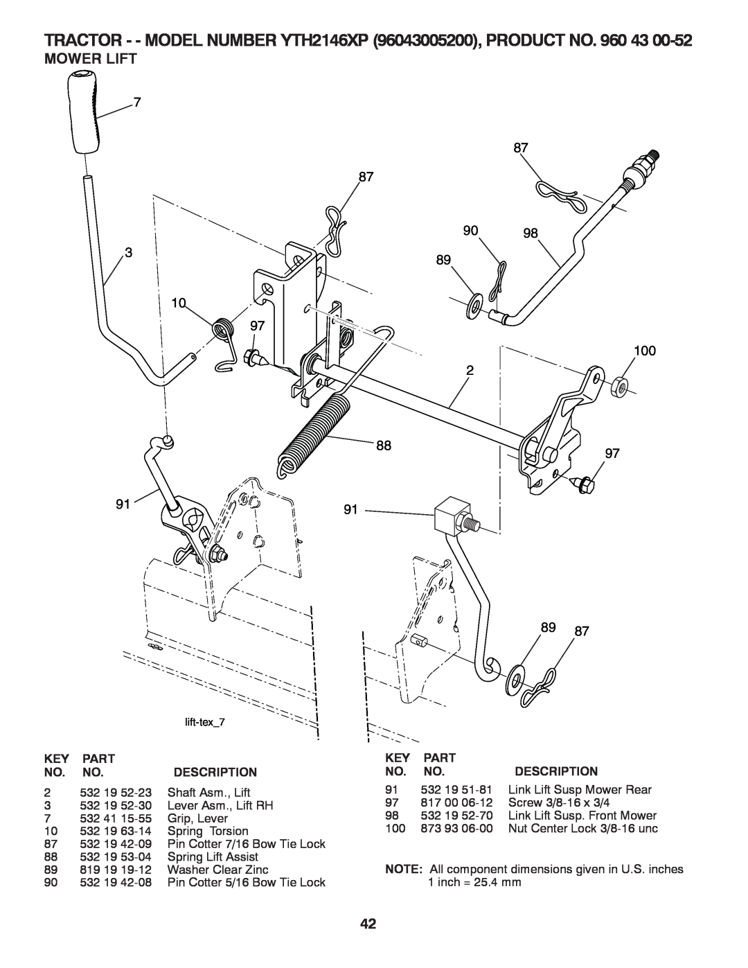 Husqvarna manual Mower Lift, TRACTOR - - MODEL NUMBER YTH2146XP 96043005200, PRODUCT NO. 960 43, Part, Description 
