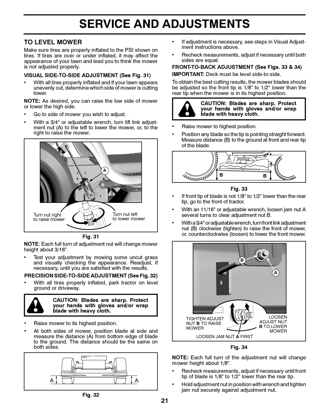 Husqvarna 2354GXLS, 96043006800 owner manual To Level Mower, Visual SIDE-TO-SIDE Adjustment See Fig 