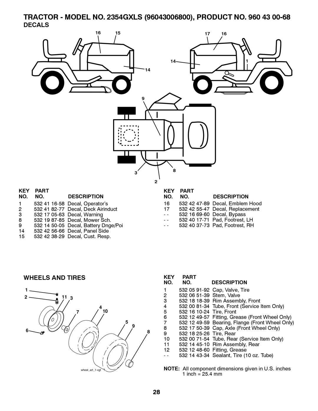 Husqvarna 96043006800, 2354GXLS owner manual Decals, Wheels and Tires 