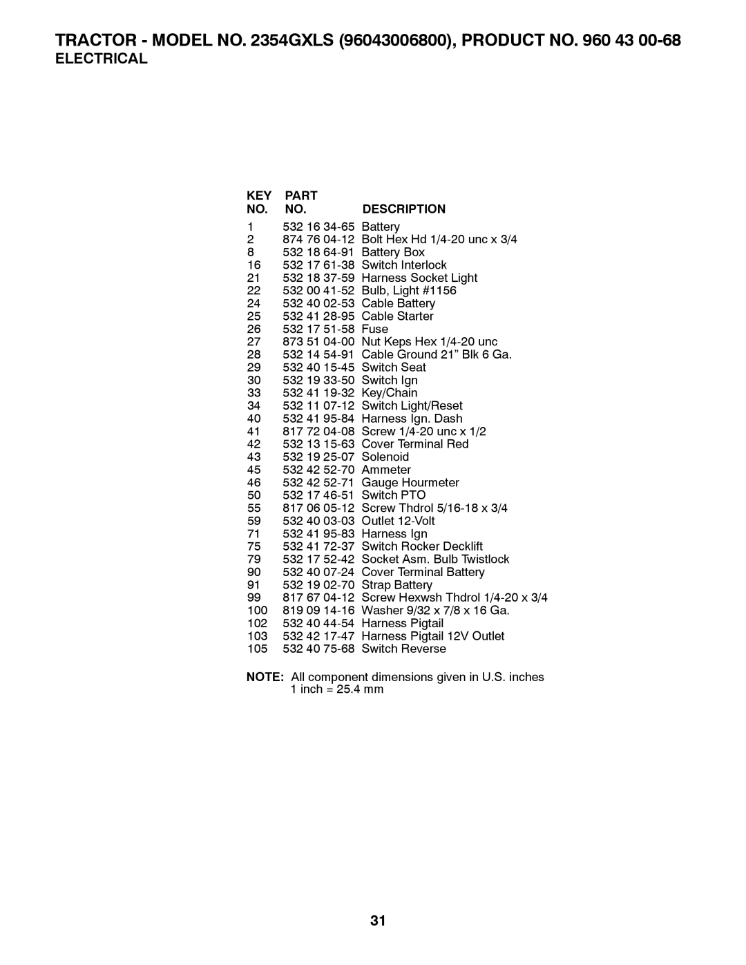 Husqvarna 2354GXLS, 96043006800 owner manual KEY Part Description 