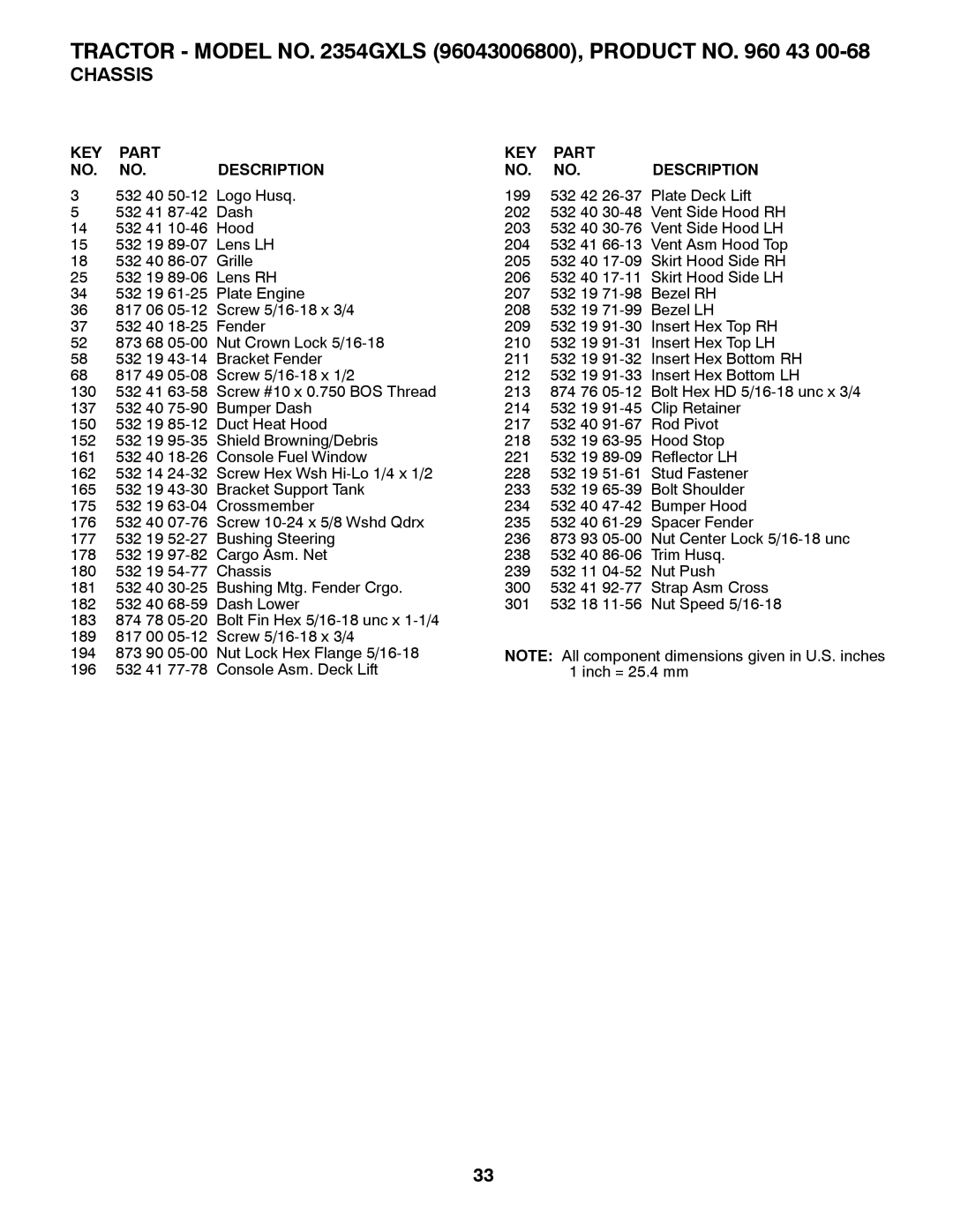 Husqvarna 2354GXLS owner manual Tractor Model no Gxls 96043006800, Product no 43 