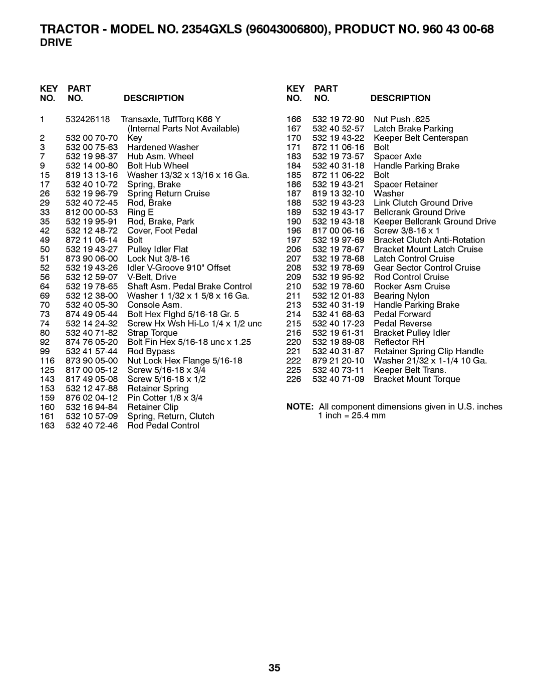 Husqvarna 2354GXLS owner manual Tractor Model no Gxls 96043006800, Product no 43 