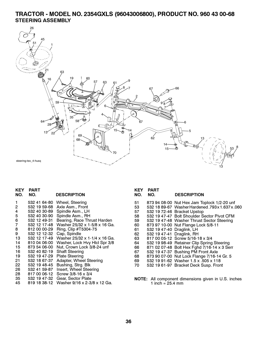 Husqvarna 96043006800, 2354GXLS owner manual Steering Assembly 