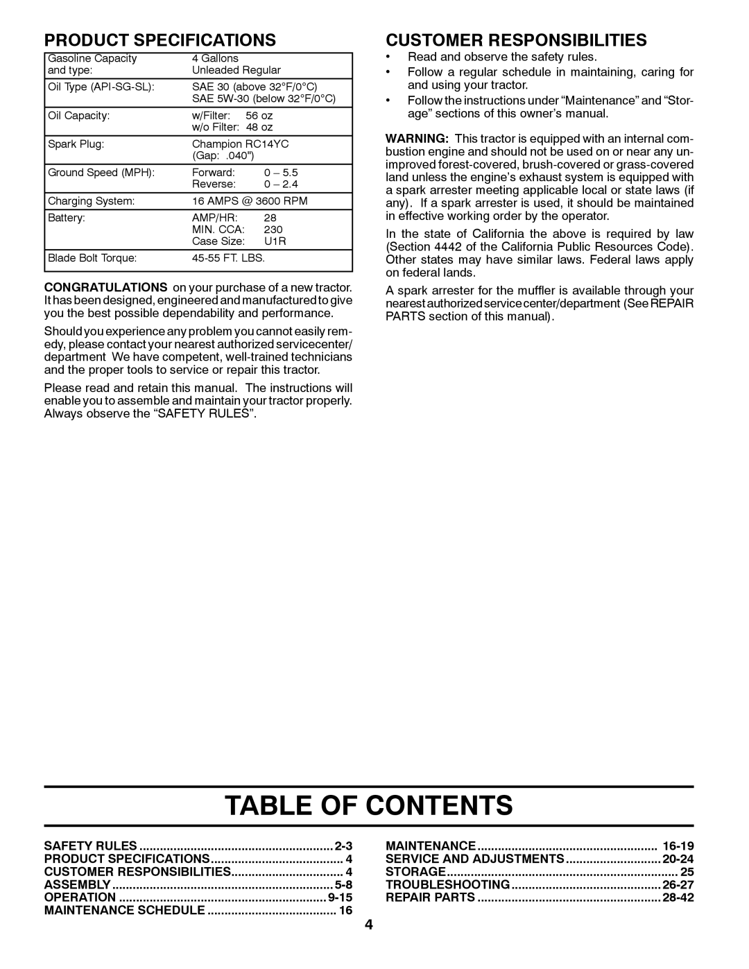 Husqvarna 96043006800, 2354GXLS owner manual Table of Contents 