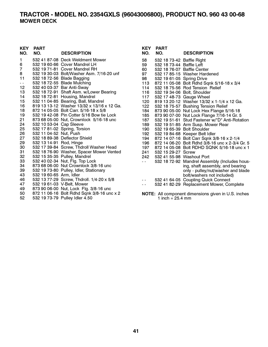 Husqvarna 2354GXLS owner manual Tractor Model no Gxls 96043006800, Product no 43 