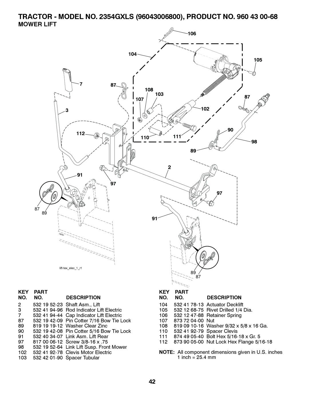 Husqvarna 96043006800, 2354GXLS owner manual Mower Lift 