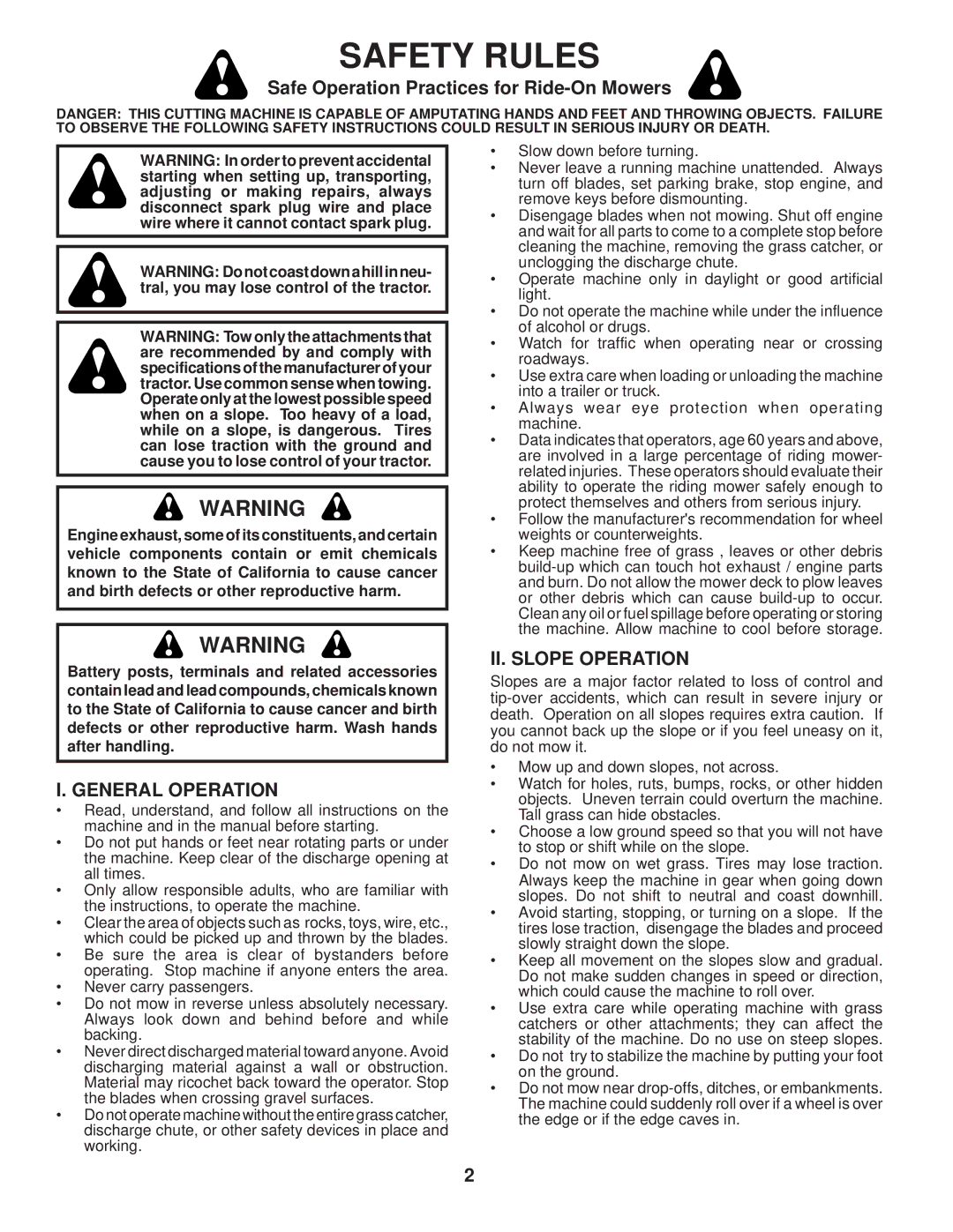 Husqvarna 960430120 Safety Rules, Safe Operation Practices for Ride-On Mowers, General Operation, II. Slope Operation 