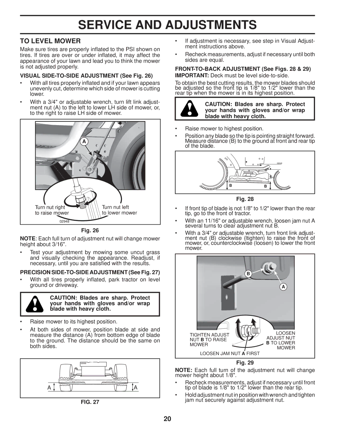 Husqvarna 960430120 owner manual To Level Mower, Visual SIDE-TO-SIDE Adjustment See Fig 