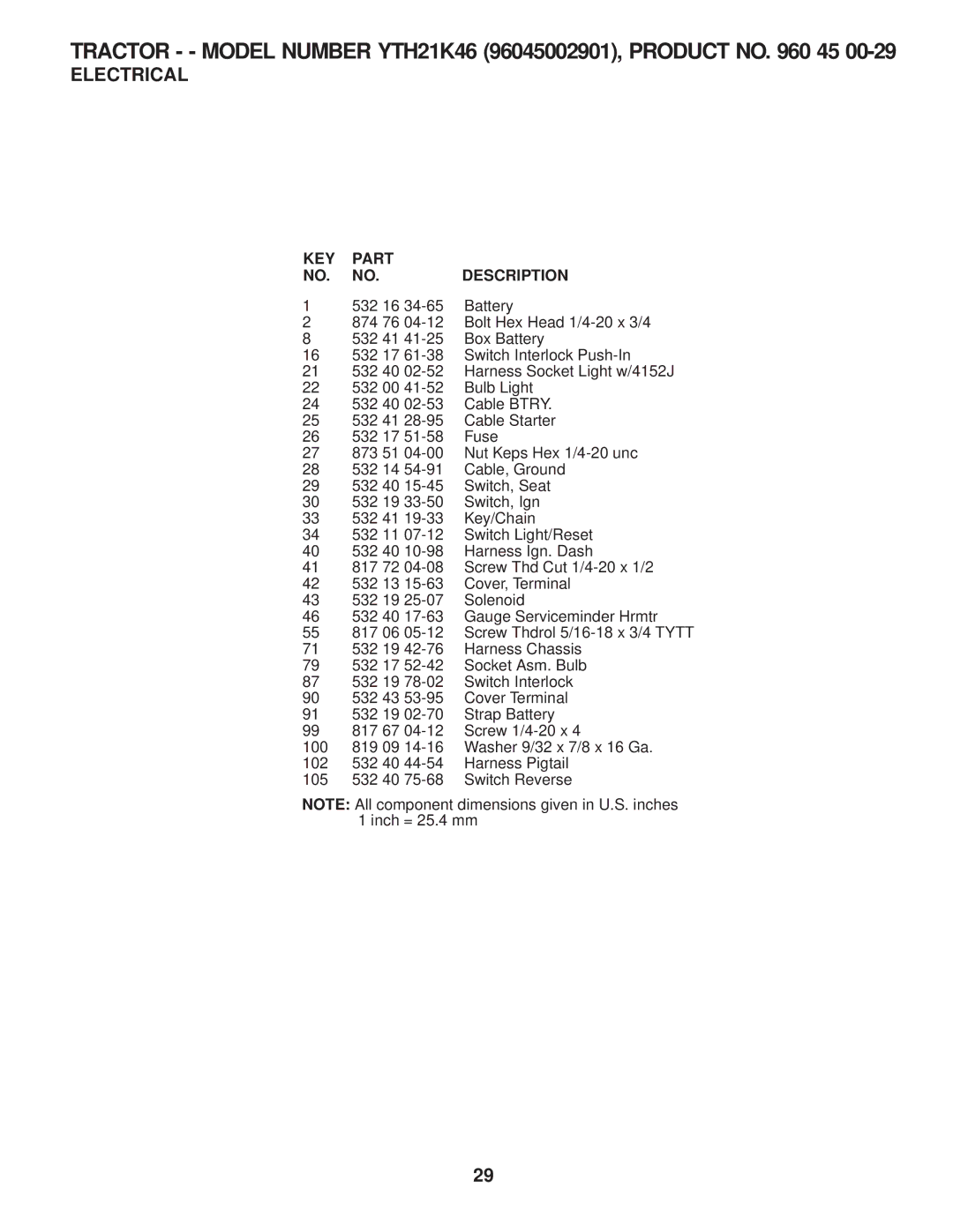 Husqvarna 960430120 owner manual Electrical, KEY Part Description 