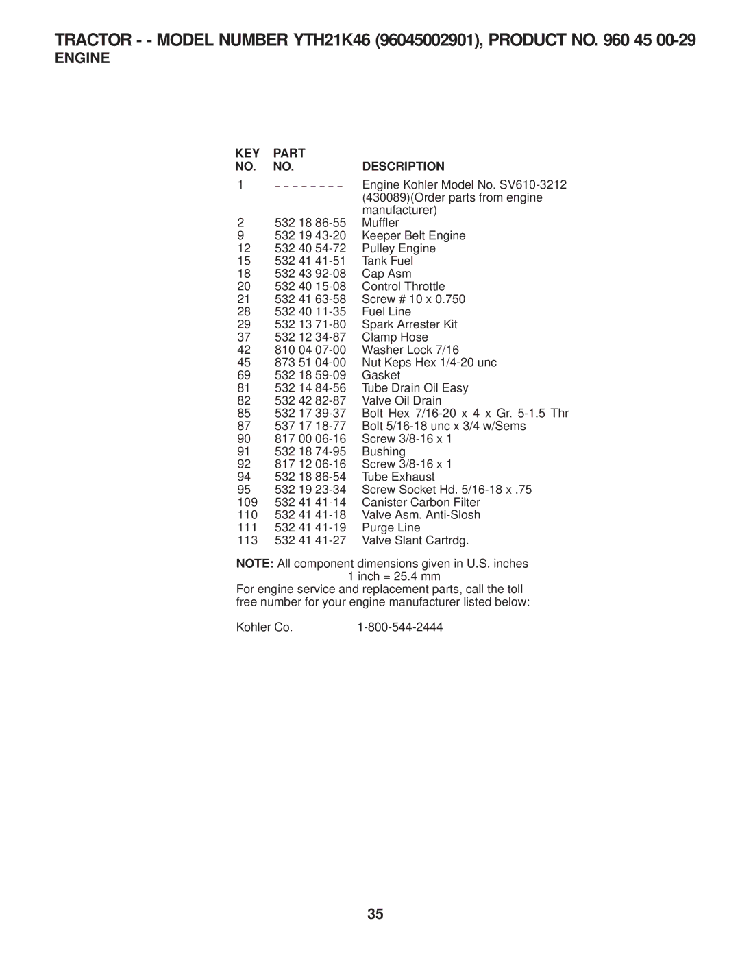 Husqvarna 960430120 owner manual Tractor - Model Number YTH21K46 96045002901, Product no 45 