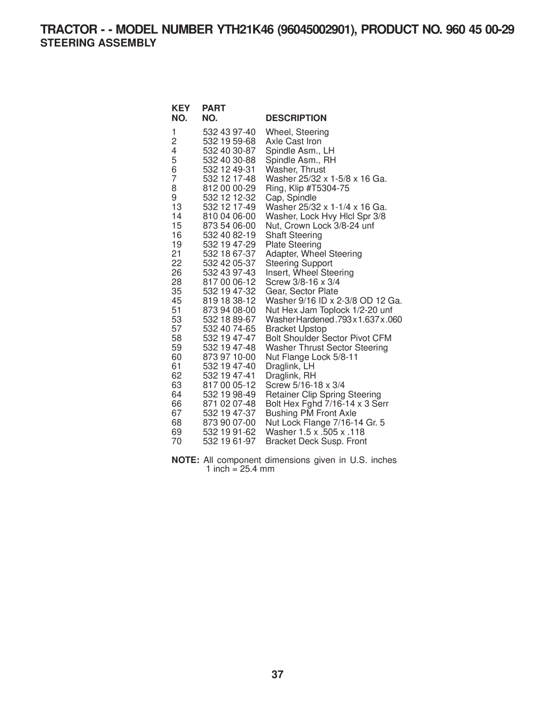 Husqvarna 960430120 owner manual Tractor - Model Number YTH21K46 96045002901, Product no 45 