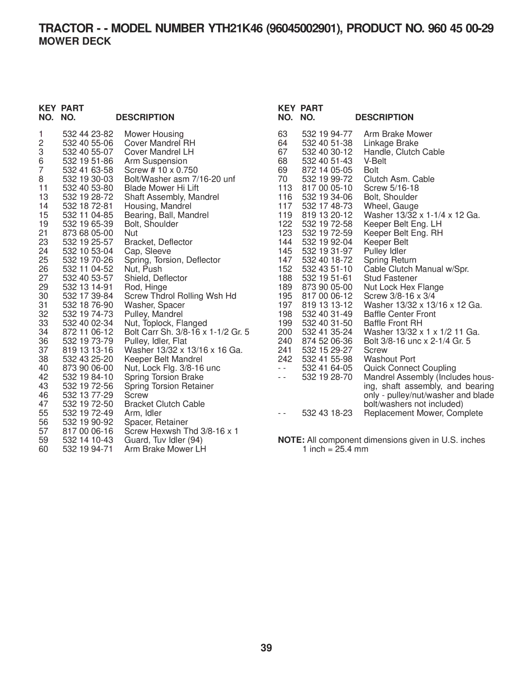 Husqvarna 960430120 owner manual KEY Part NO. no Description 