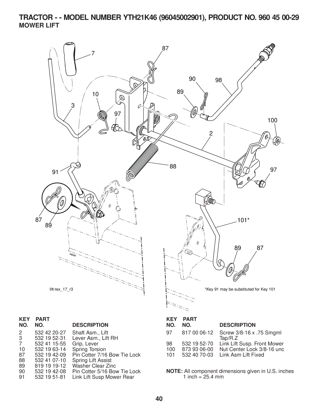 Husqvarna 960430120 owner manual Mower Lift, 100 101 