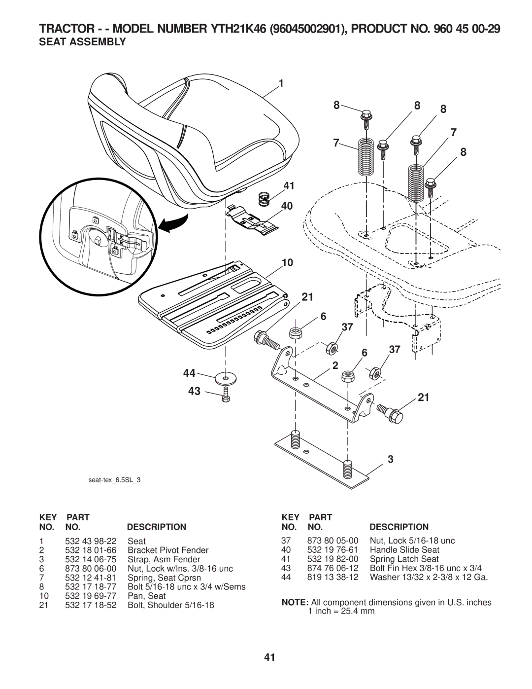 Husqvarna 960430120 owner manual Seat Assembly, 532 43 Seat 