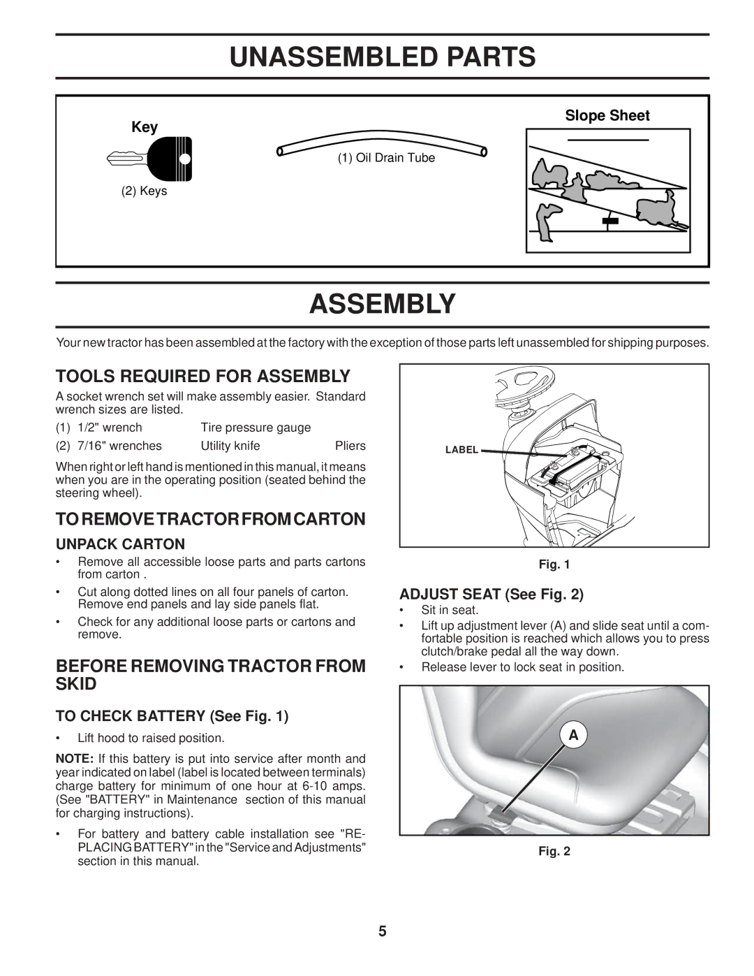 Husqvarna 960430120 owner manual Unassembled Parts, Tools Required for Assembly, Toremovetractorfromcarton 