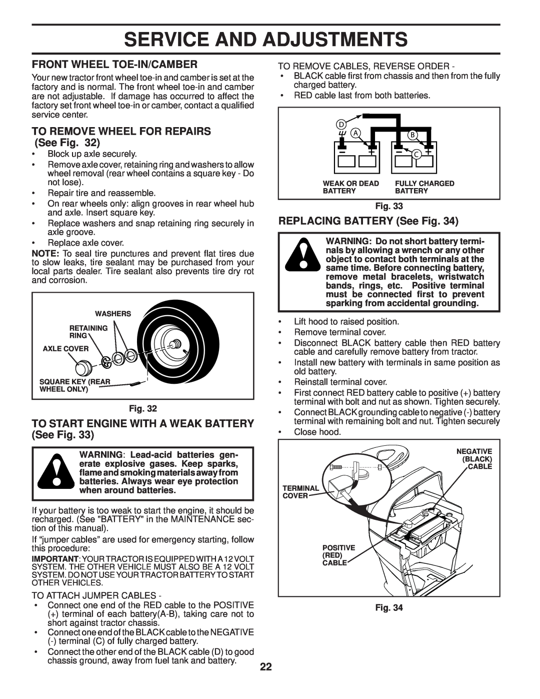 Husqvarna 960430120 owner manual Front Wheel Toe-In/Camber, TO REMOVE WHEEL FOR REPAIRS See Fig, REPLACING BATTERY See Fig 