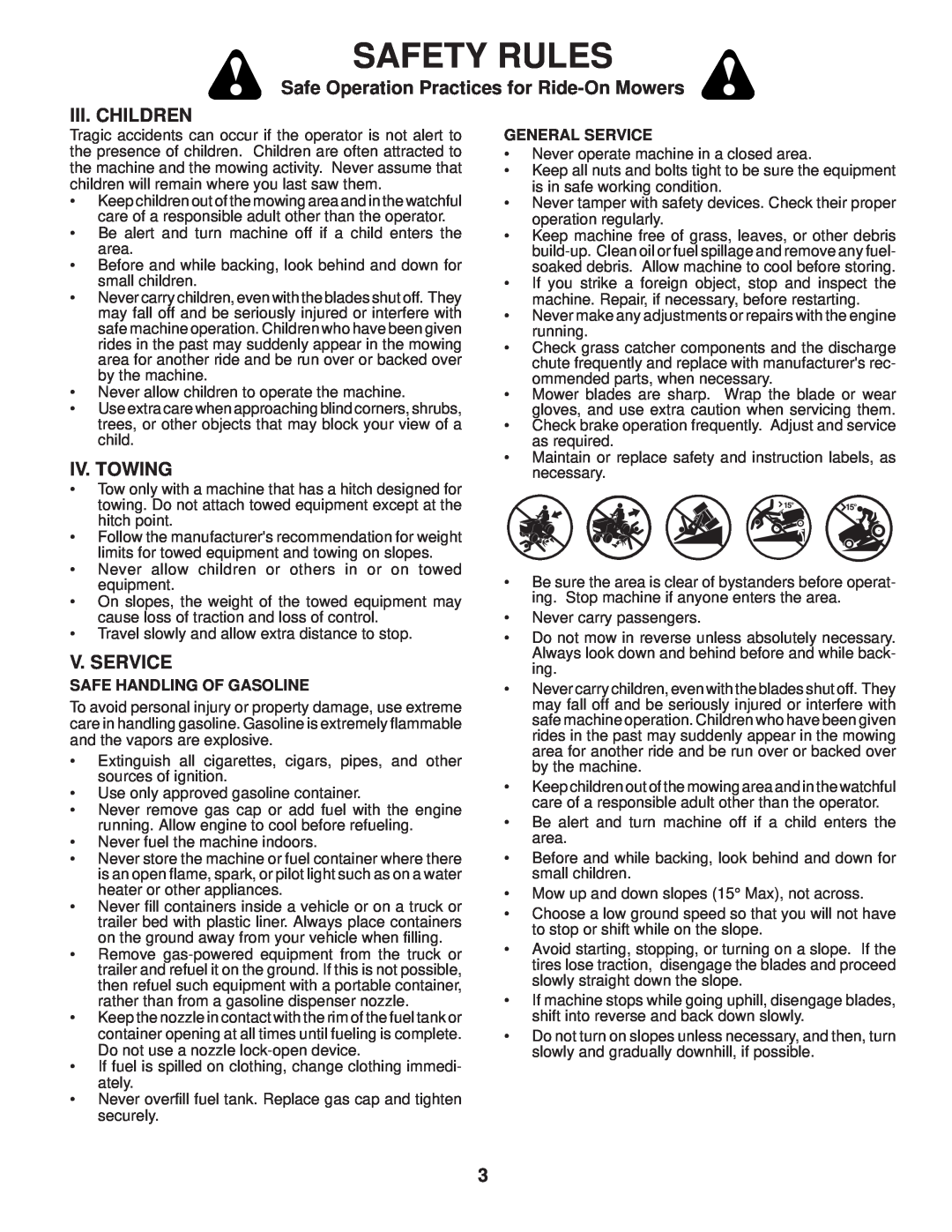 Husqvarna 960430120 Iii. Children, Iv. Towing, V. Service, Safety Rules, Safe Operation Practices for Ride-OnMowers 