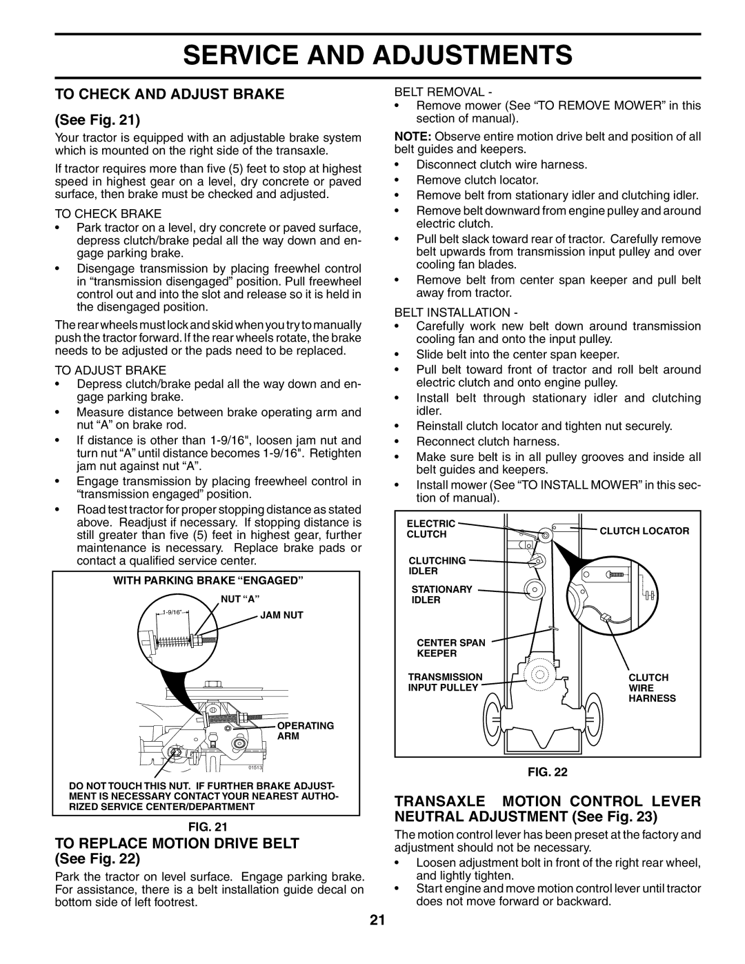 Husqvarna 960430172 owner manual To Check and Adjust Brake, To Replace Motion Drive Belt See Fig 