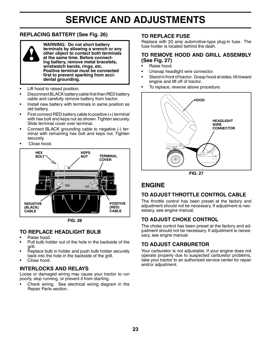 Husqvarna 960430172 To Replace Headlight Bulb, Interlocks and Relays, To Replace Fuse, To Adjust Throttle Control Cable 