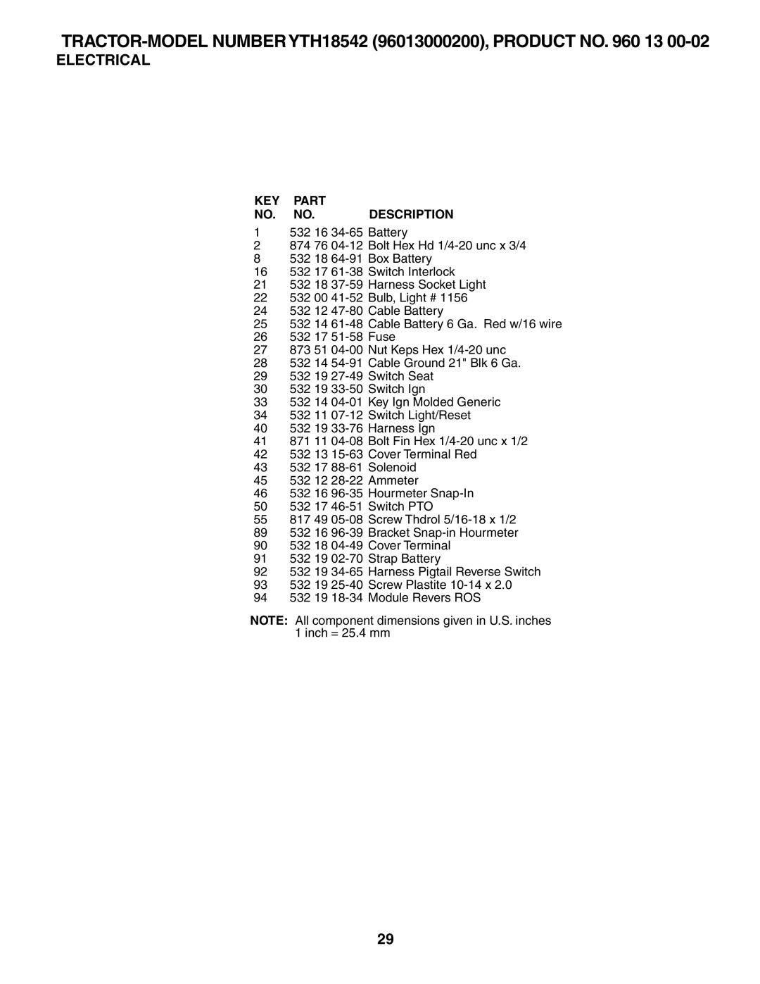 Husqvarna 960430172 owner manual KEY Part NO. NO. Description 