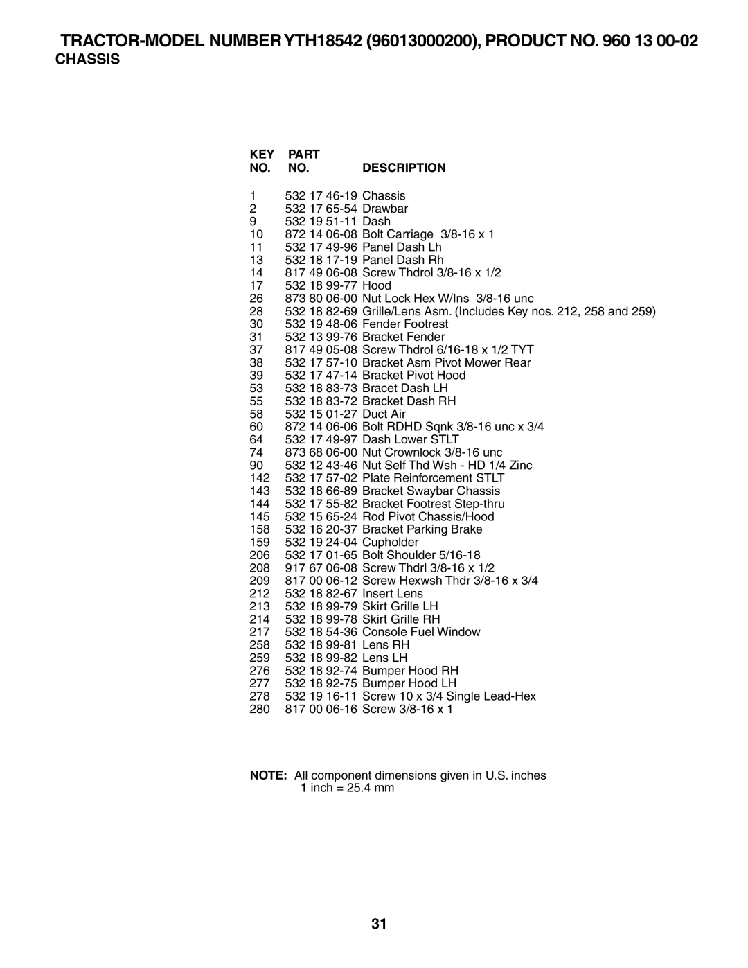 Husqvarna 960430172 owner manual TRACTOR-MODEL Number YTH18542 96013000200, Product no 13 