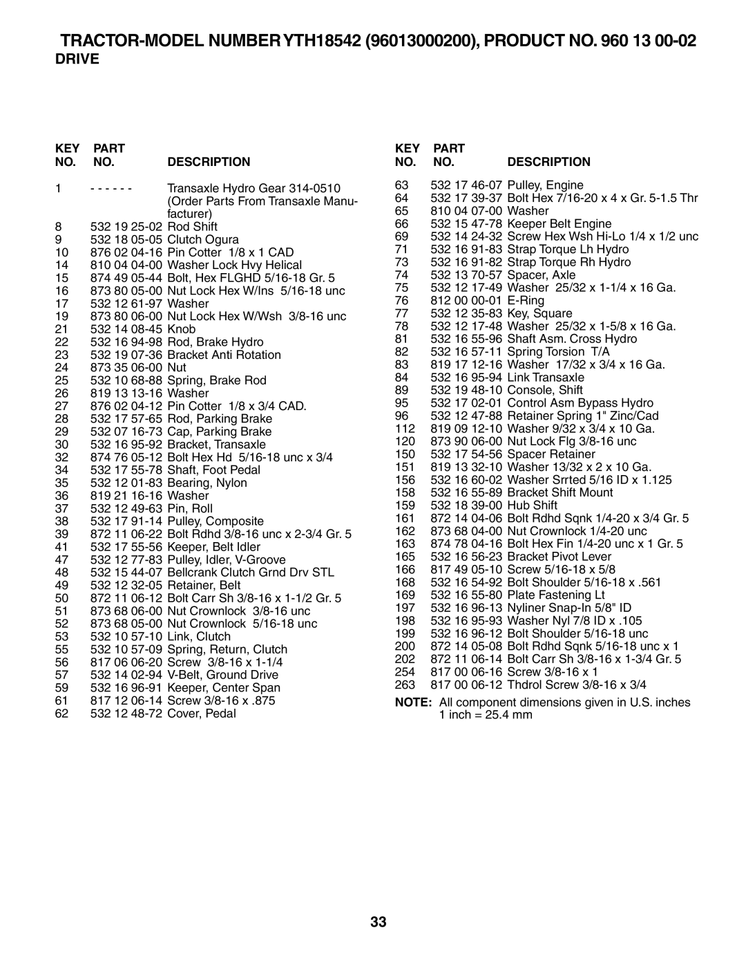 Husqvarna 960430172 owner manual TRACTOR-MODEL Number YTH18542 96013000200, Product no 13 