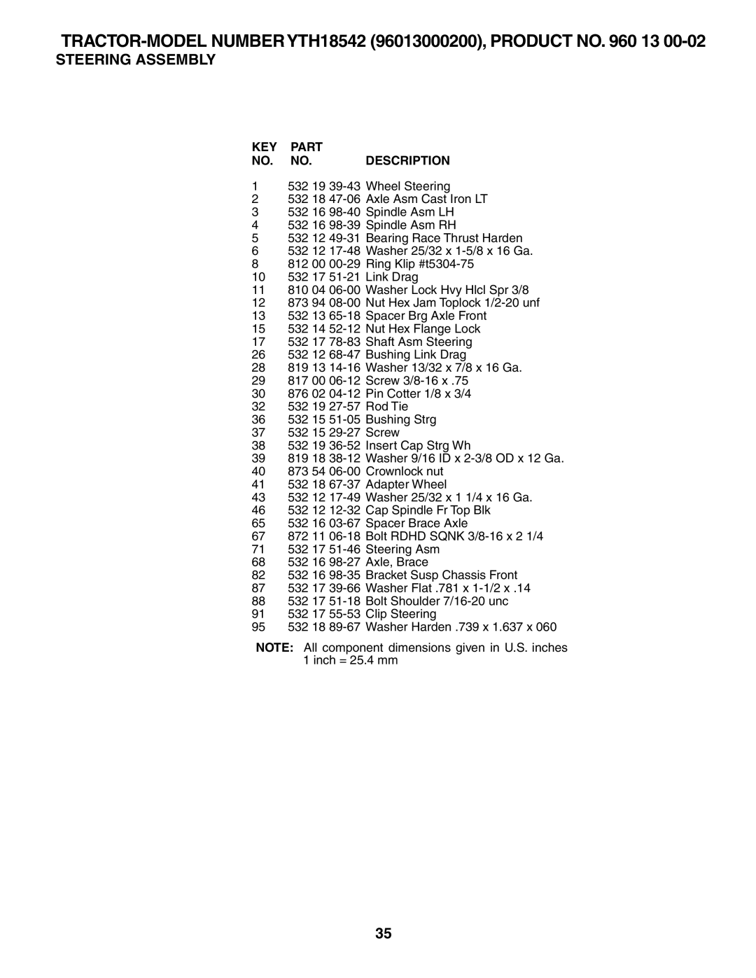 Husqvarna 960430172 owner manual TRACTOR-MODEL Number YTH18542 96013000200, Product no 13 