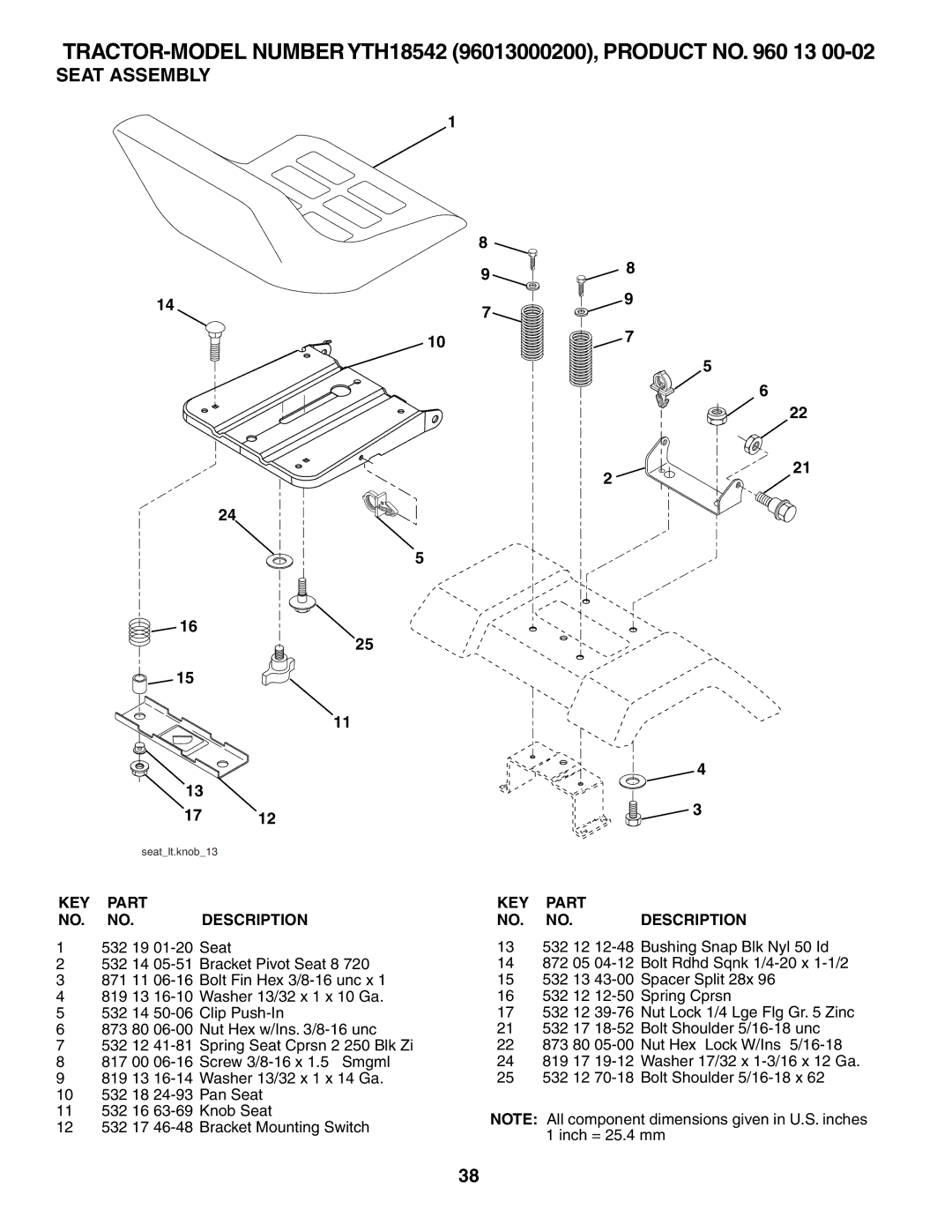 Husqvarna 960430172 owner manual Seat Assembly 