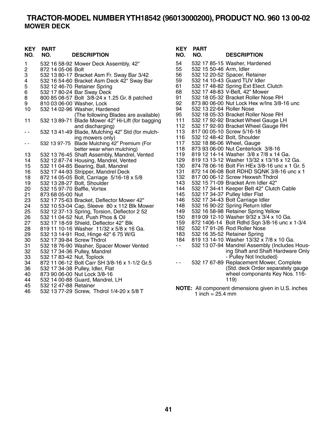 Husqvarna 960430172 owner manual TRACTOR-MODEL Number YTH18542 96013000200, Product no 13 