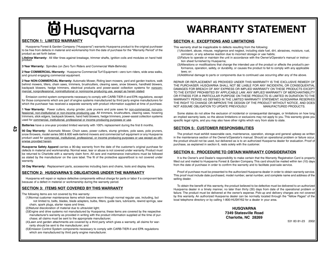 Husqvarna 960430172 owner manual Warranty Statement 