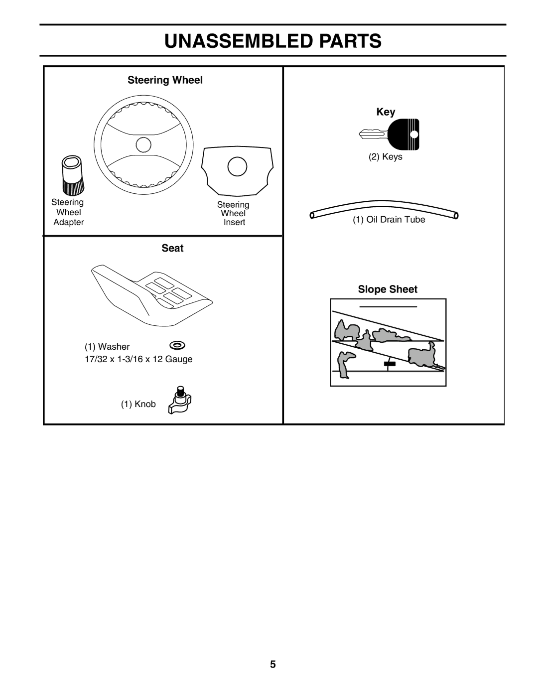 Husqvarna 960430172 owner manual Unassembled Parts, Steering Wheel, Seat 