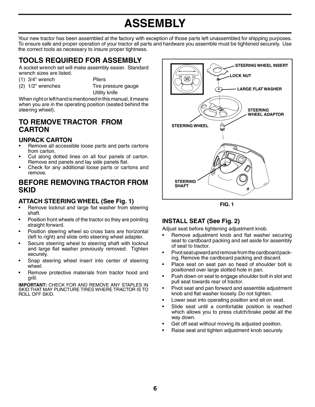 Husqvarna 960430172 Tools Required for Assembly, To Remove Tractor from Carton, Before Removing Tractor from Skid 