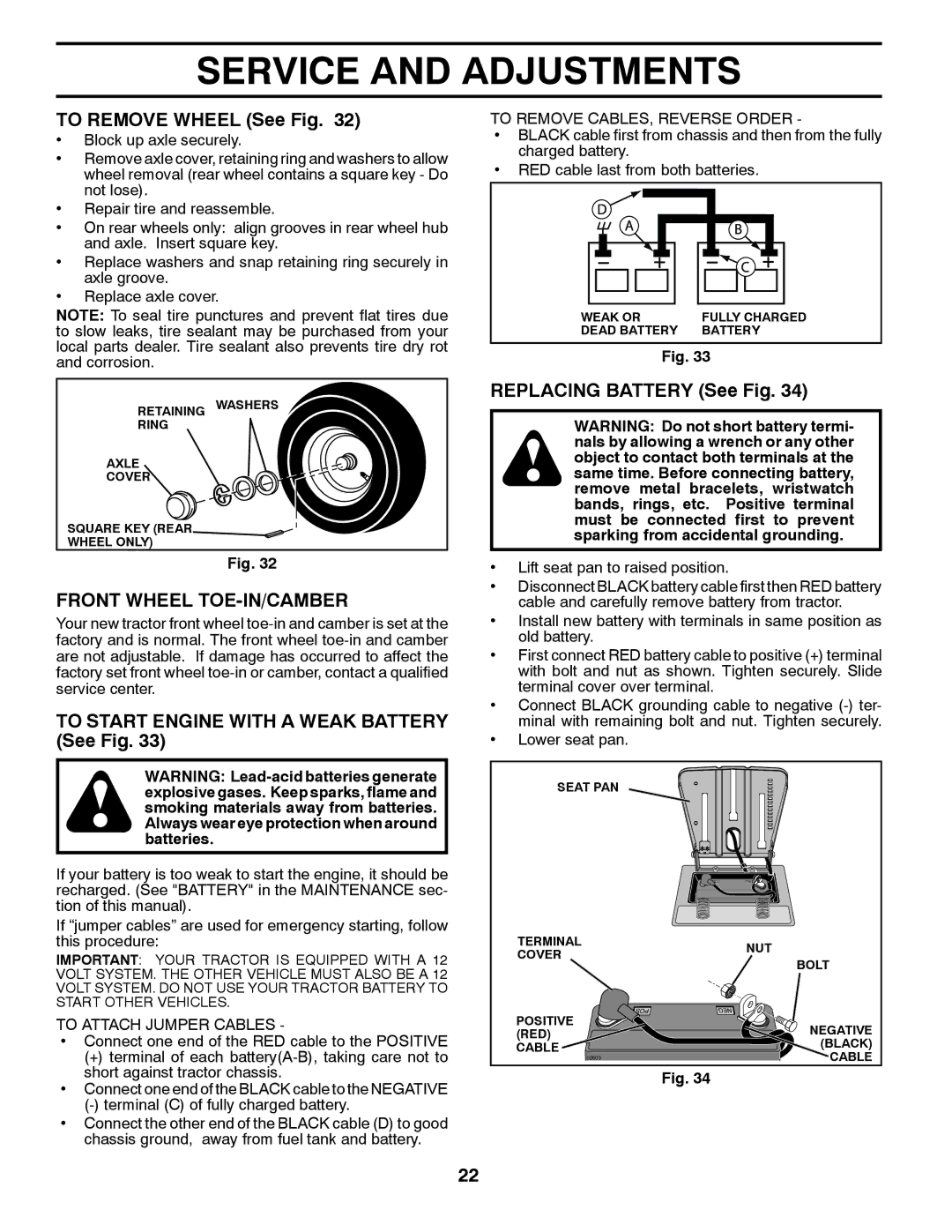 Husqvarna 960430173 To Remove Wheel See Fig, Front Wheel TOE-IN/CAMBER, To Start Engine with a Weak Battery See Fig 