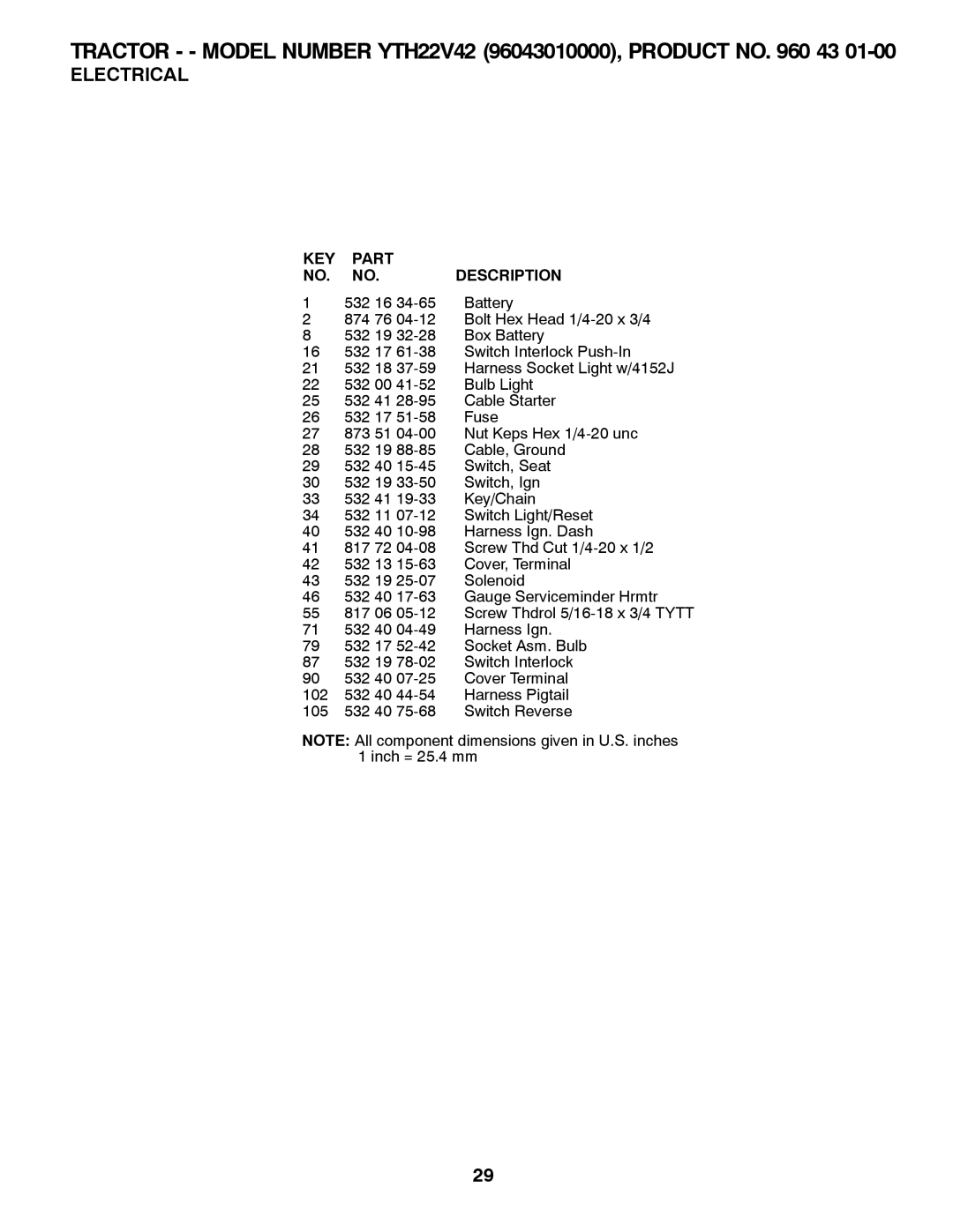 Husqvarna 960430173 owner manual KEY Part Description 