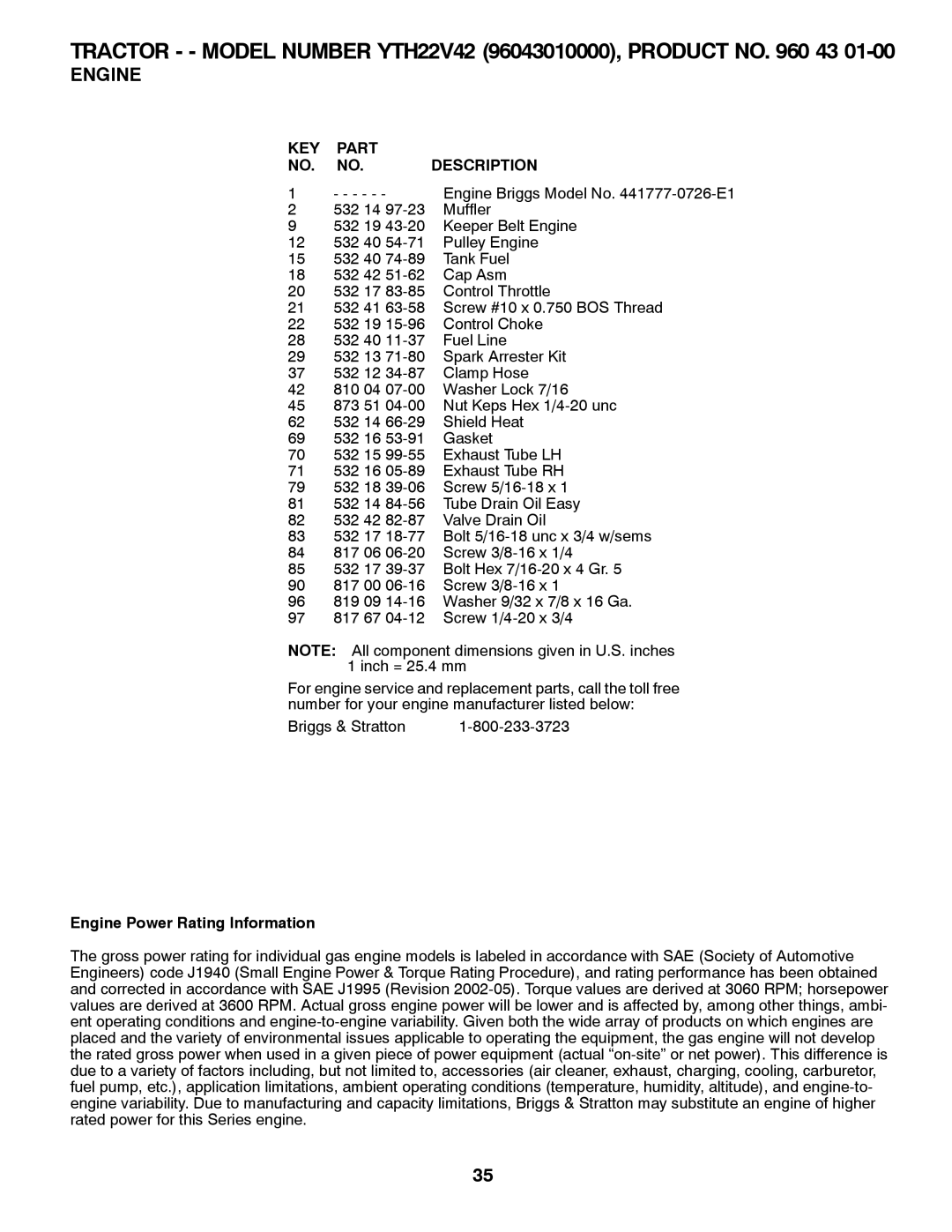 Husqvarna 960430173 owner manual Engine Power Rating Information 