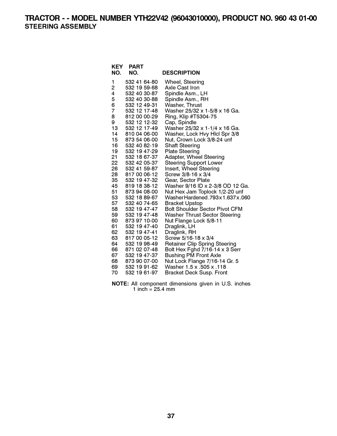 Husqvarna 960430173 owner manual Tractor - Model Number YTH22V42 96043010000, Product no 43 