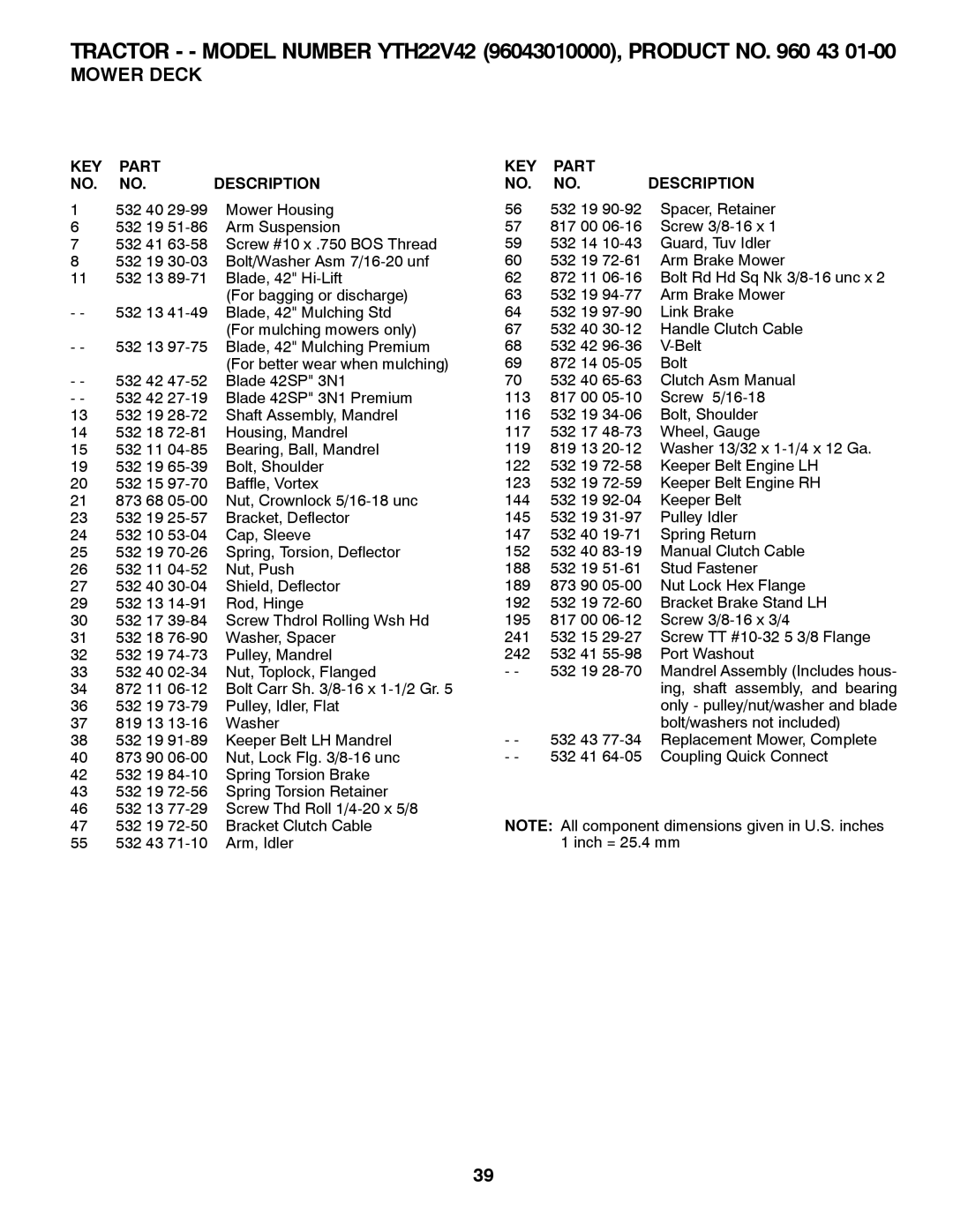 Husqvarna 960430173 owner manual 532 40 Mower Housing, KEY Part NO. NO. Description 