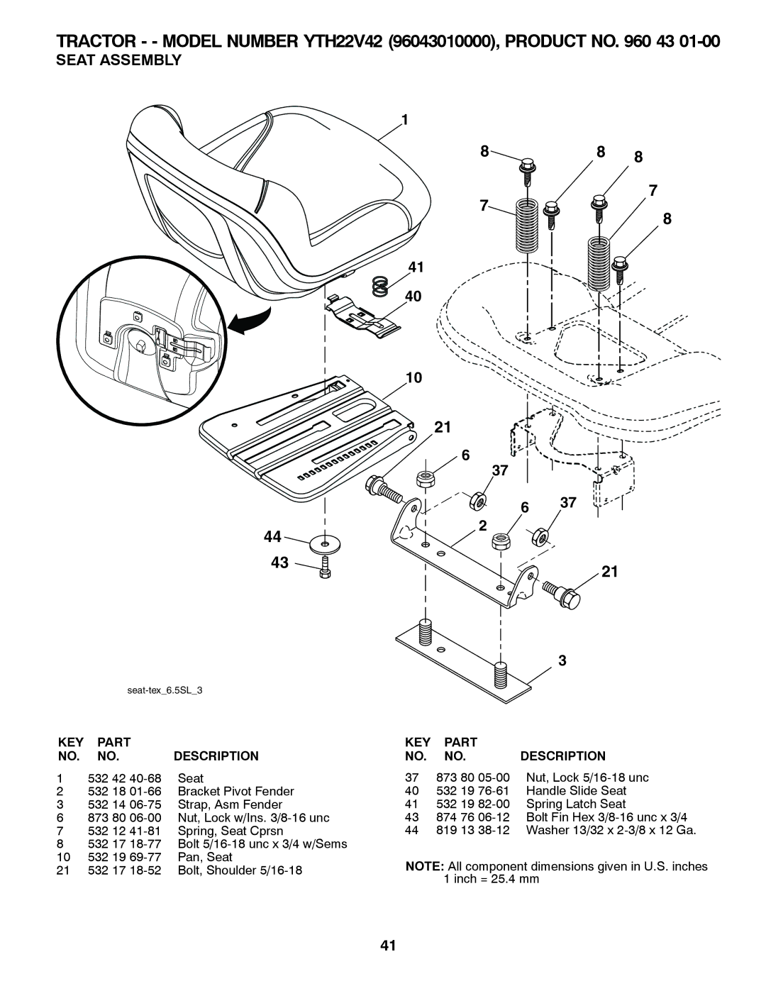 Husqvarna 960430173 owner manual Seat Assembly, 532 42 Seat 