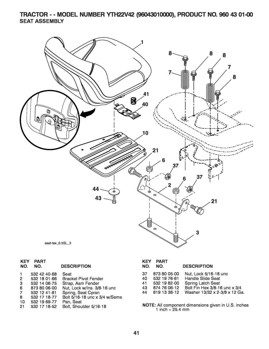 Husqvarna 960430173 owner manual Seat Assembly, 6 37, Part, Description, 532 