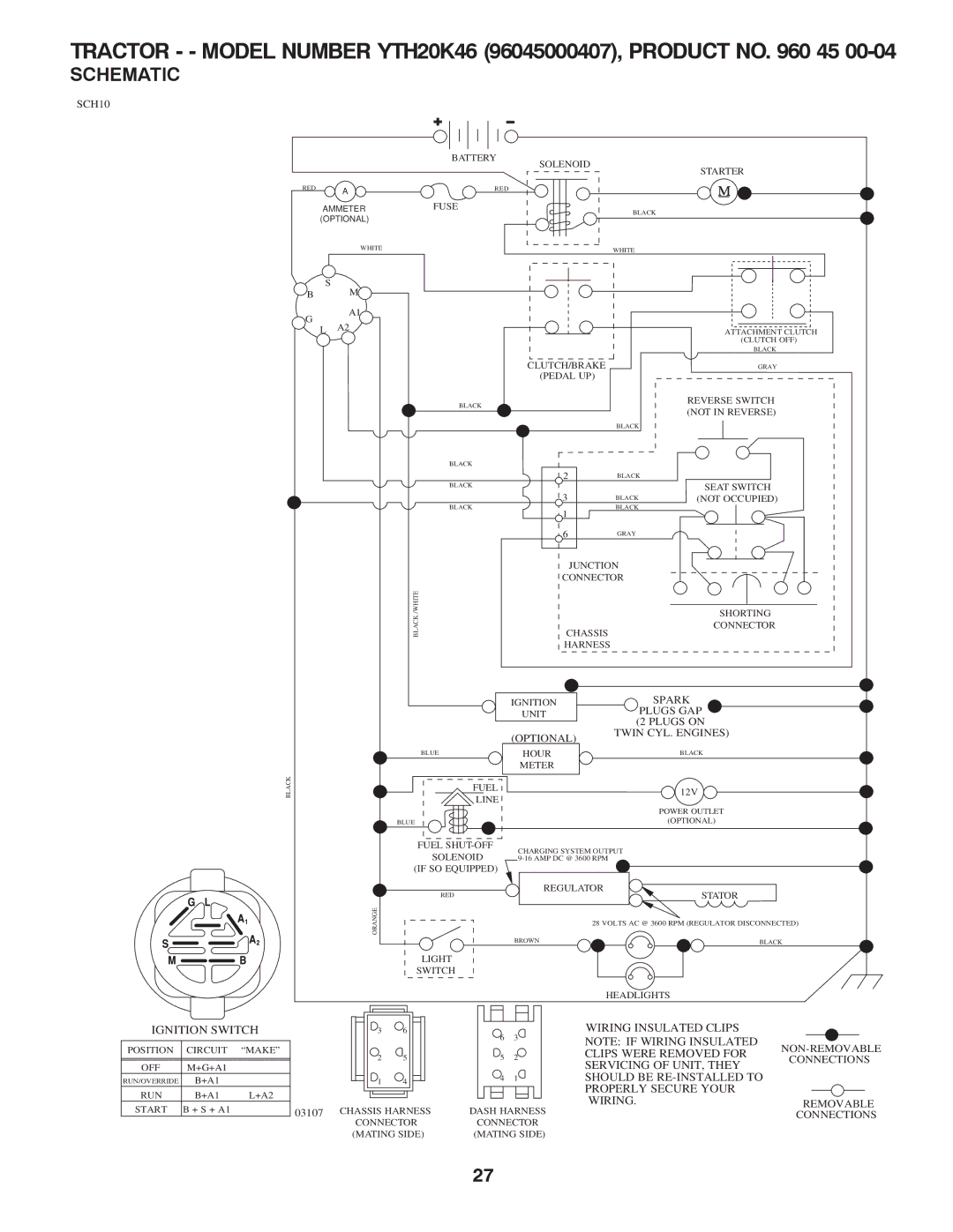 Husqvarna owner manual Tractor - Model Number YTH20K46 96045000407, Product no 45, Schematic 