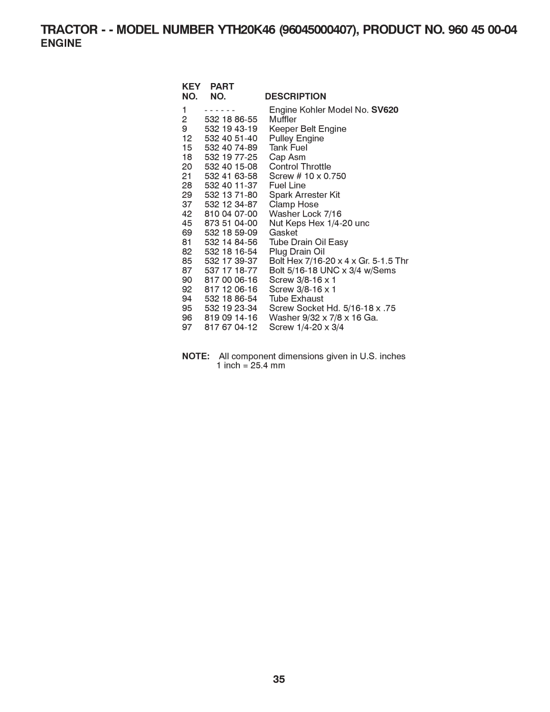 Husqvarna 96045000407 owner manual Engine Kohler Model No. SV620 