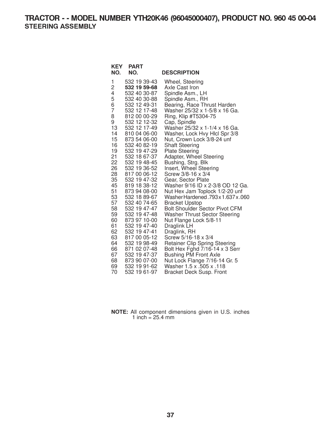 Husqvarna 96045000407 owner manual 532 19 Wheel, Steering Axle Cast Iron 