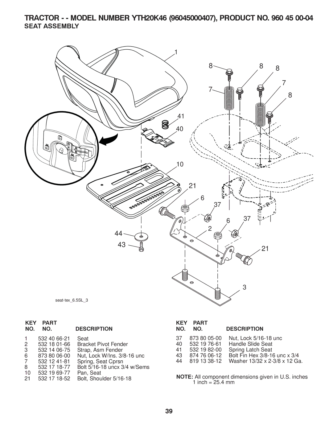 Husqvarna 96045000407 owner manual Seat Assembly, 532 40 Seat 