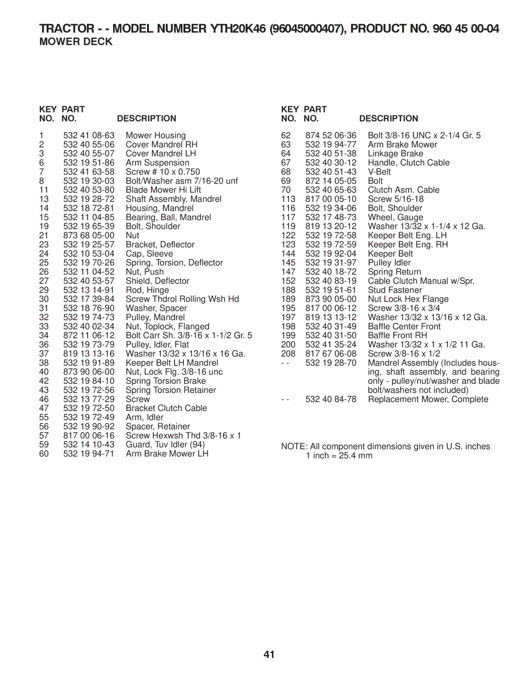 Husqvarna 96045000407 owner manual KEY Part NO. no Description 