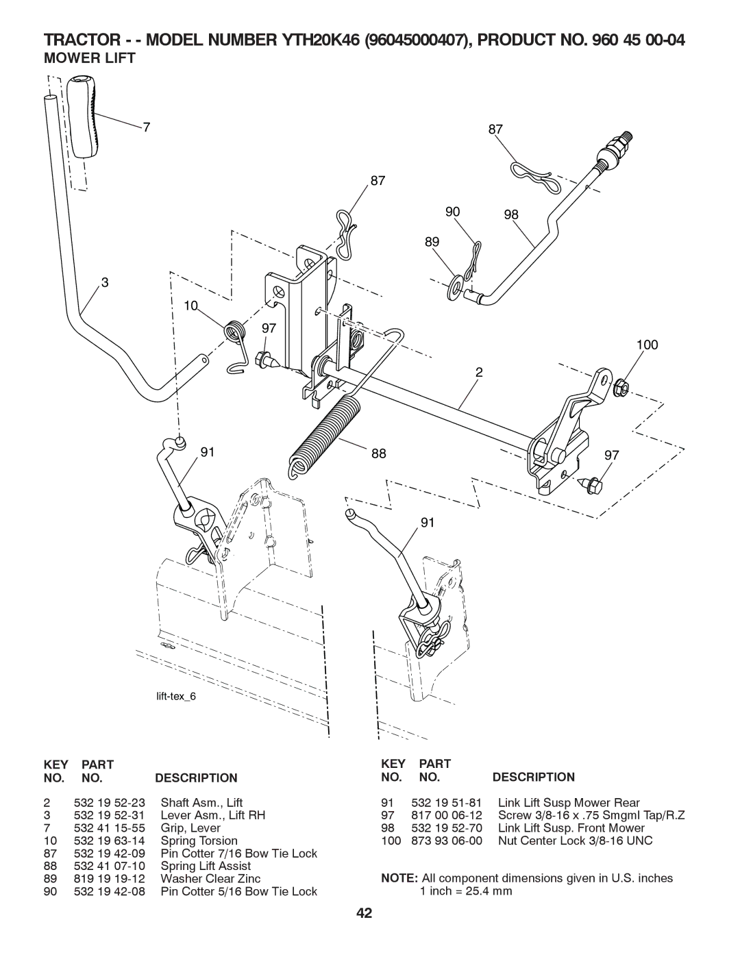 Husqvarna 96045000407 owner manual Mower Lift, 100 