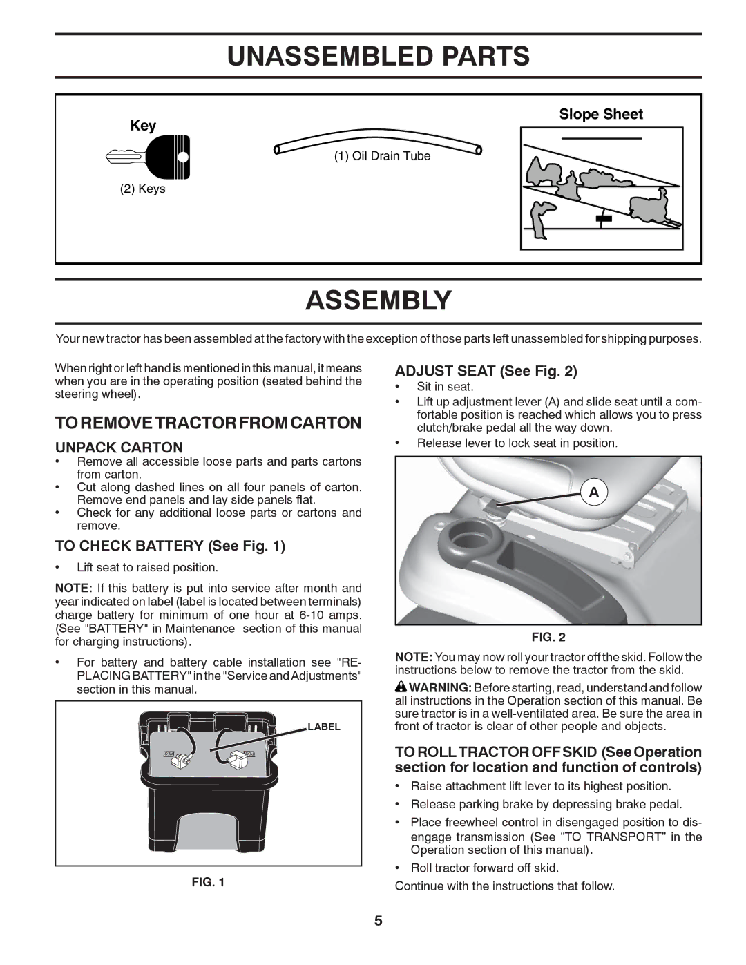 Husqvarna 96045000407 owner manual Unassembled Parts, Assembly, To Remove Tractor from Carton, Unpack Carton 